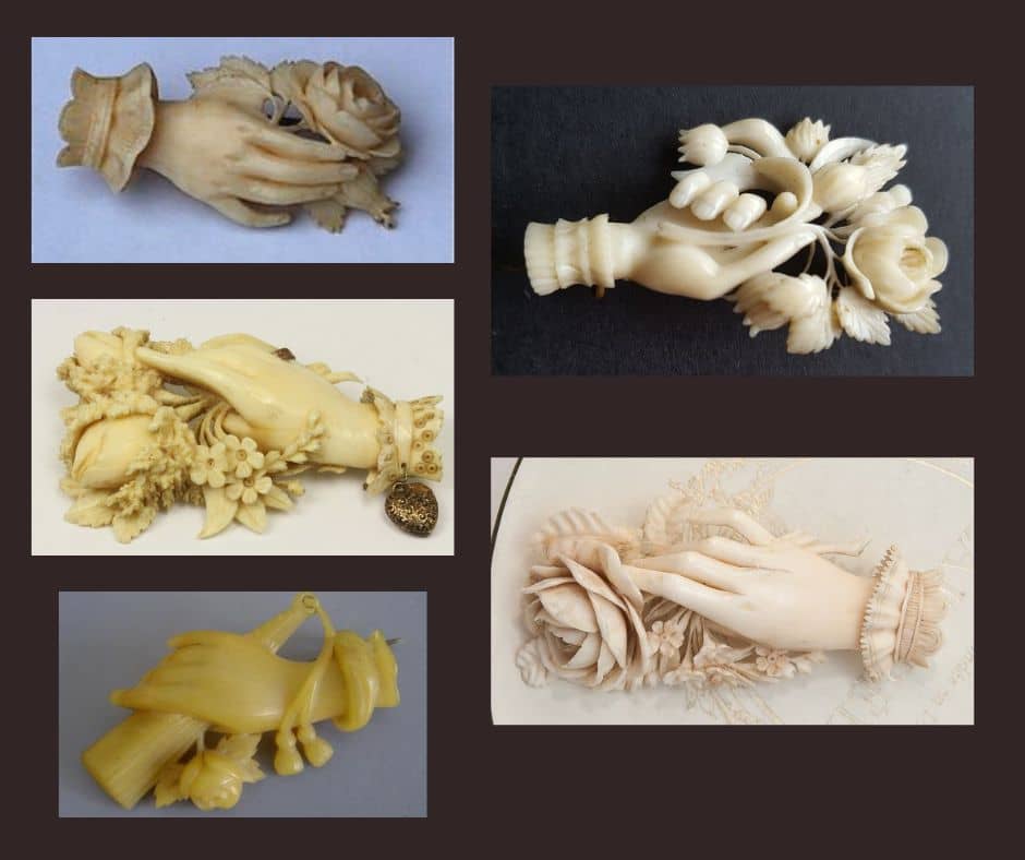Broszki rączki z kości słoniowej i jej zamienników